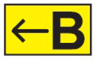 Black B to the right of a left-pointing arrow on yellow field